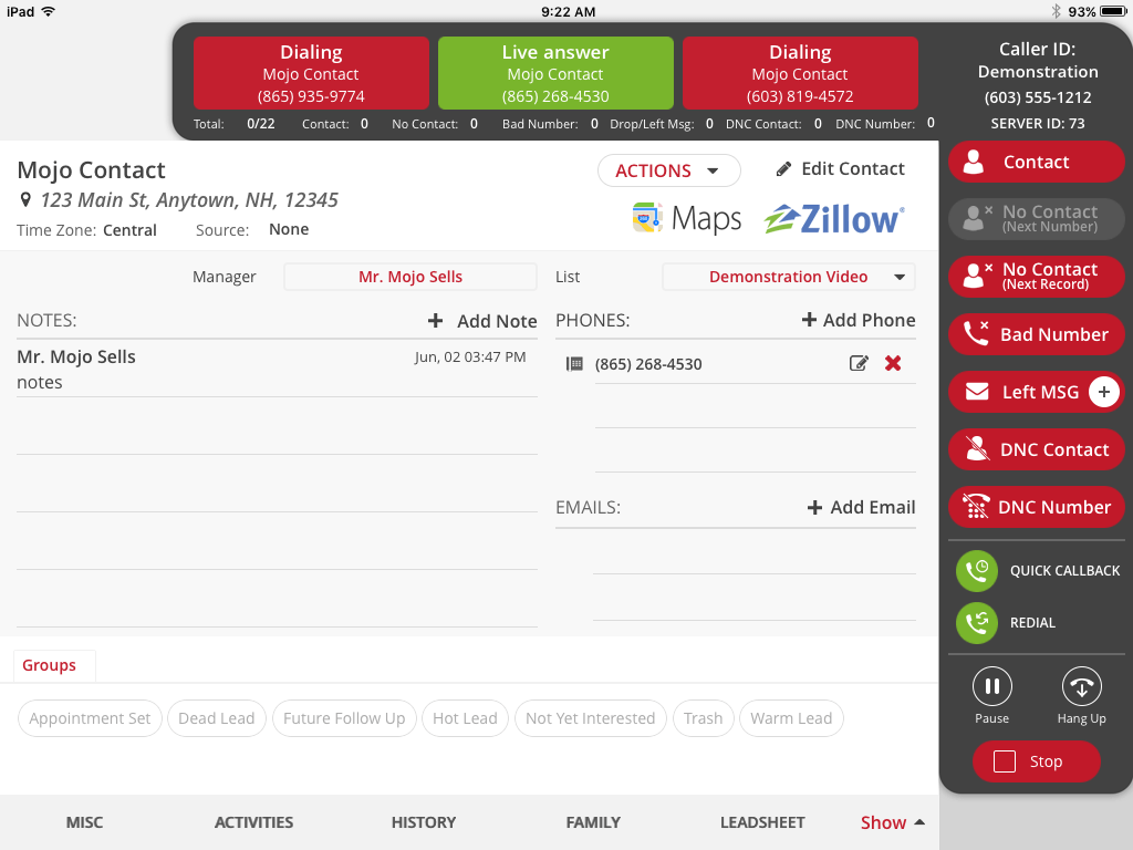 The Mojo Dialer in use