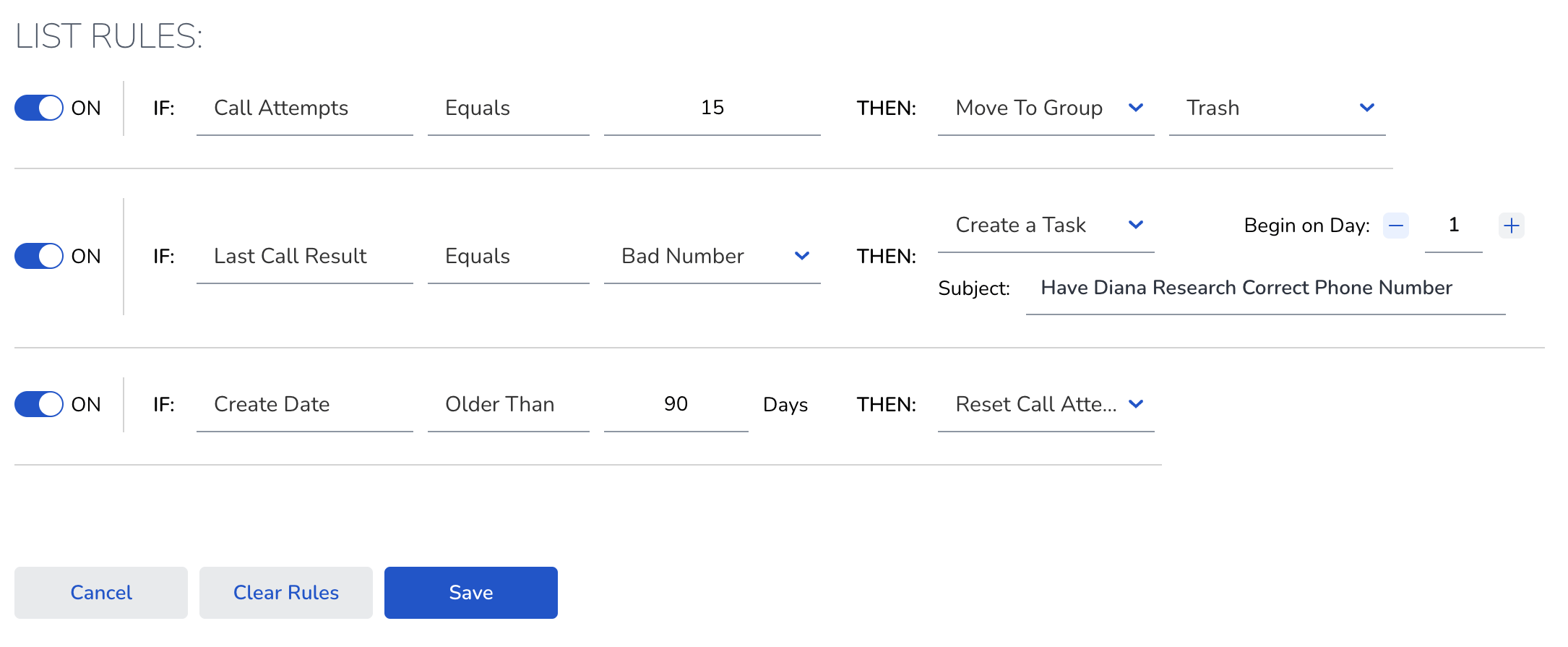 Mojo Dialer List Rules Examples