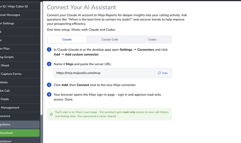 Mojo Dialer Ai Connector settings.