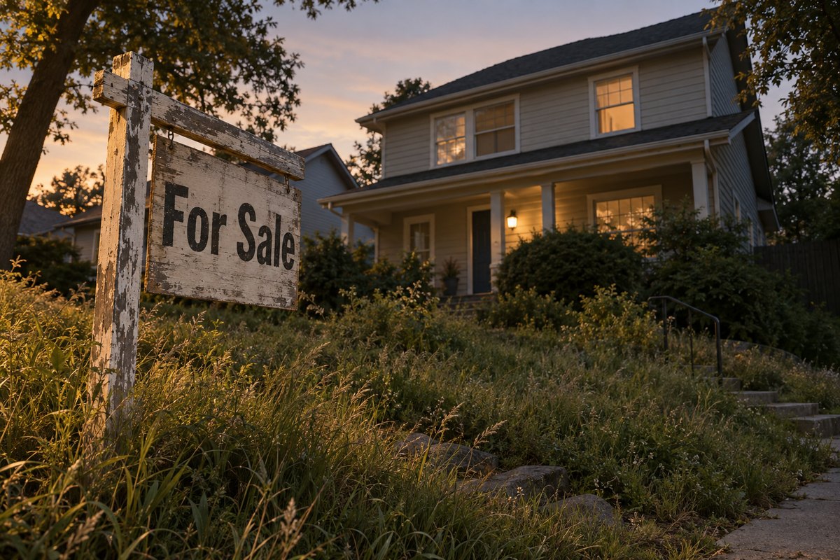 Expired listing leads often come from homes like this one, where a weathered For Sale sign still stands in an overgrown front yard at dusk.