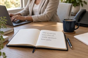 Follow-up tasks fill the open planner on a professional woman's organized desk beside a phone and steaming coffee mug.