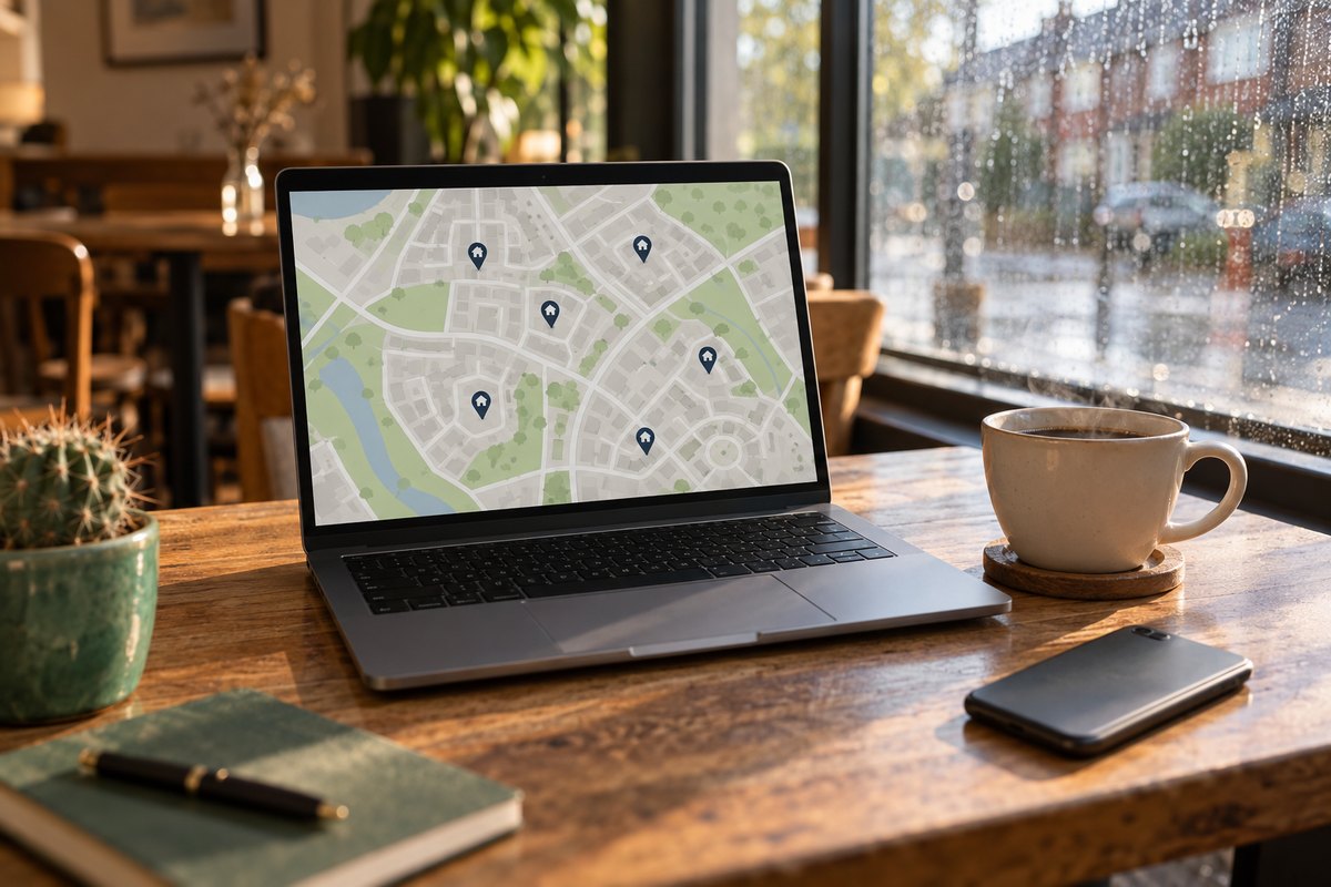 FSBO leads appear as property pins on a neighbourhood map displayed on a laptop screen beside a steaming coffee cup at a café table.