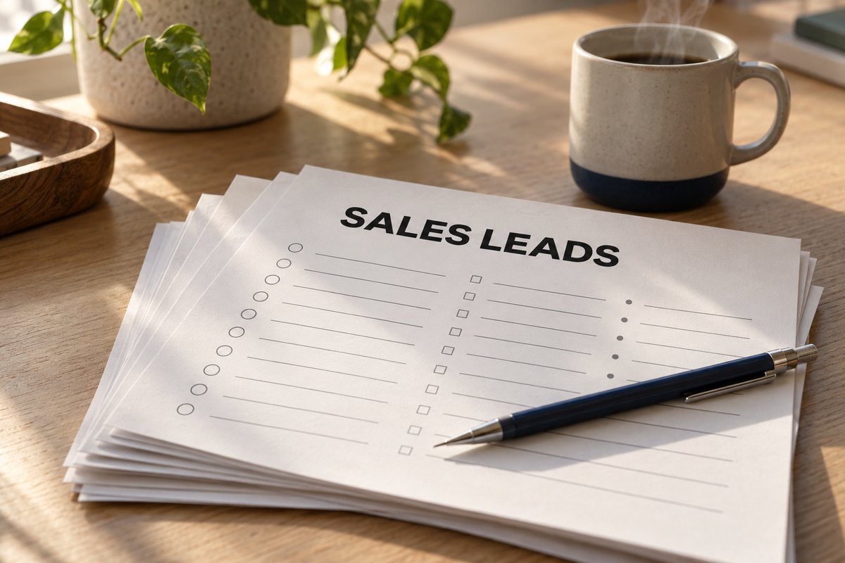 Real estate leads printed on stacked sales sheets rest on a pale oak desk beside a mechanical pencil and a steaming ceramic mug.
