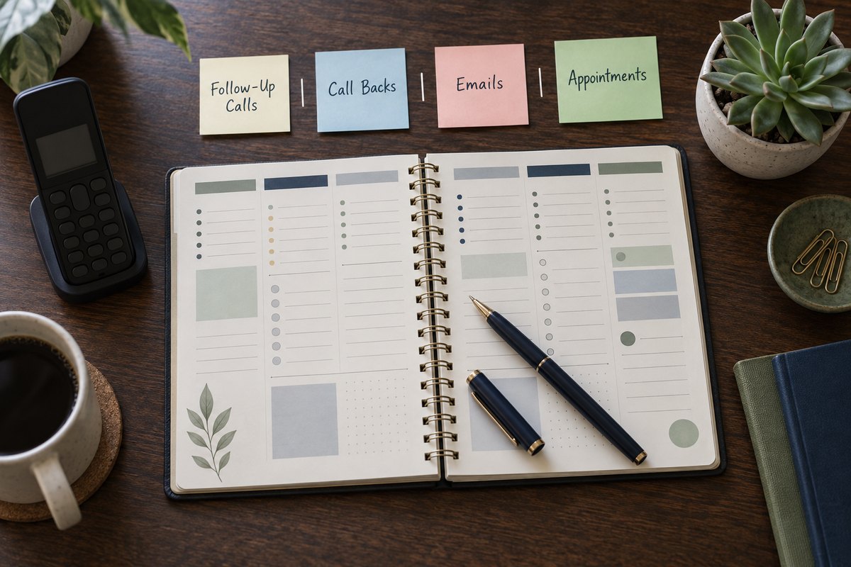 Lead management stays organized with a color-coded weekly planner tracking follow-up calls, callbacks, emails, and appointments on a walnut desk.