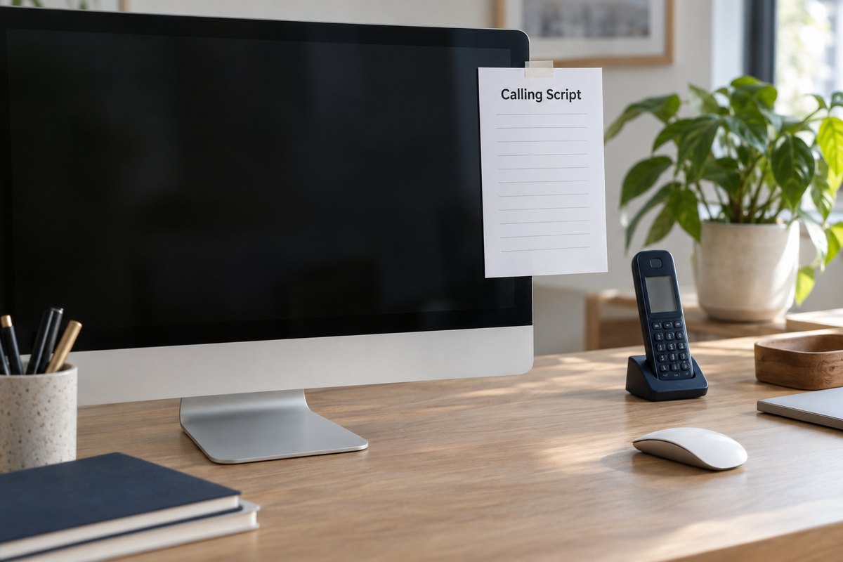 Mojo dialer users often keep a calling script taped to their monitor beside a cordless phone and wireless mouse on a tidy office desk.
