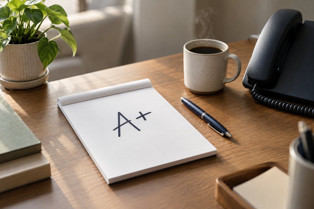 Mojo dialer support is suggested by a tidy office desk holding a telephone handset, a steaming coffee mug, a pen, and a notepad marked with a bold A+.
