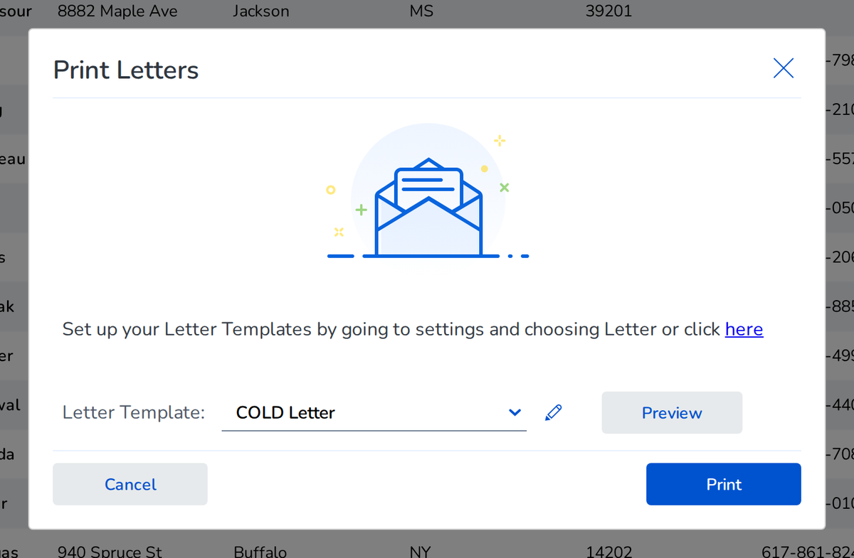Mojo dialer calling list row menu with the Print Letters dialog open for sending prospecting letters.
