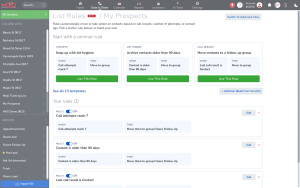 Mojo's List Rules editor displays agent productivity settings for filtering and organizing prospect lists by custom criteria.