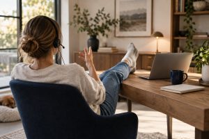 Sales rep relaxing confidently at a tidy desk with a headset on, gesturing mid-call beside a laptop and coffee mug.