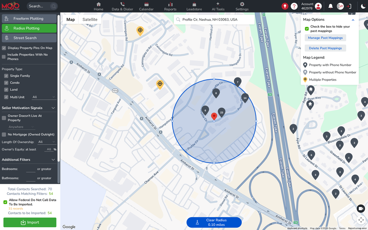 Mojo real estate lead generation tool displaying the Leadstore Neighborhood Search feature with expanded filters and a pinned map view.