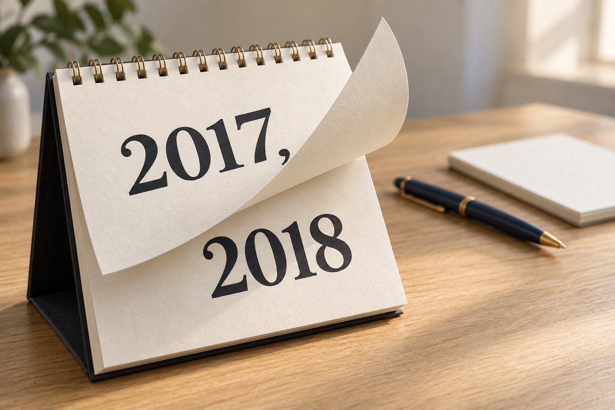 Real estate professionals turning the page on 2017 can see a physical wall calendar revealing the fresh 2018 page on a clean desk.