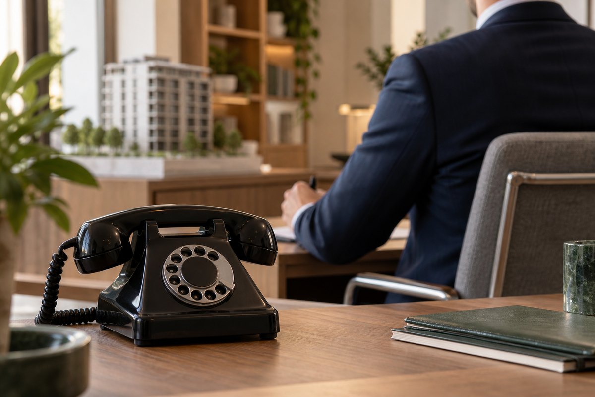 A real estate dialer era is evoked as a suited man smiles confidently beside a vintage black rotary telephone on his office desk.