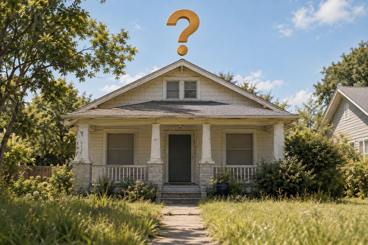 Skip tracing real estate leads begins with spotting vacant homes like this sun-drenched suburban house marked by an amber question mark overhead.