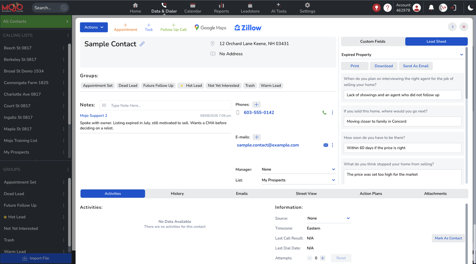 Mojo lead management contact screen with the Lead Sheet open next to the Custom Fields tab.