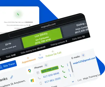 Mojo Power Dialer interface displaying live call metrics, contact details, and appointment options for efficient lead management in real estate prospecting.