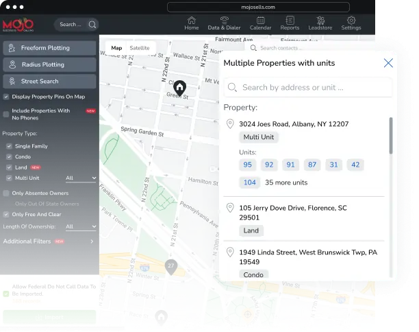 Map interface displaying multiple properties with units in Mojo's CRM, featuring property details, search options, and user-friendly navigation for real estate lead management.