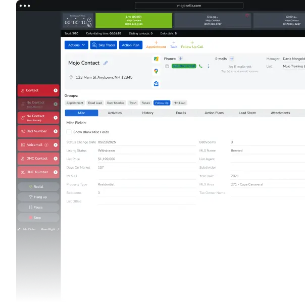 Mojo Dialer interface displaying lead management tools, contact details, and action plan options for real estate prospecting.