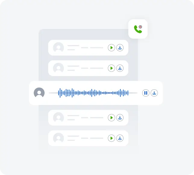 Digital call recordings interface with audio waveform, playback controls, and download options, showcasing Mojo Call Recording features for agent training and performance optimization.