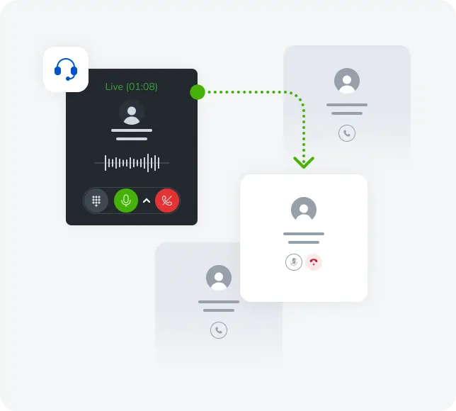 Live call interface with recording feature, displaying active call duration, options for voice control, and connections to multiple contacts, emphasizing Mojo Voice integration for seamless communication.