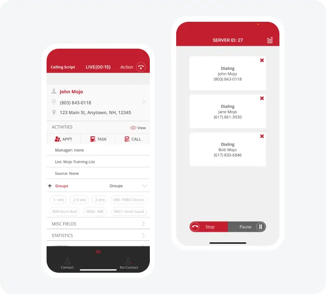 Mobile interface displaying Mojo's Power Dialer features, including contact details, calling script, and dial status for real estate lead management.