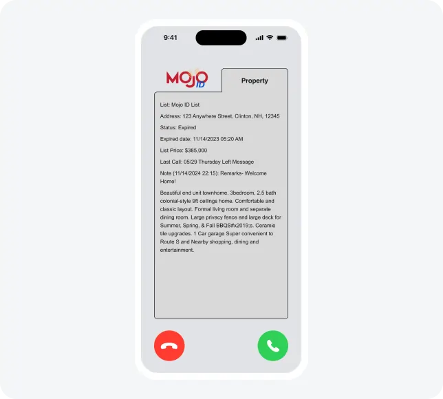 Mojo ID mobile app interface displaying property details, including address, status, list price, and notes for real estate prospecting.