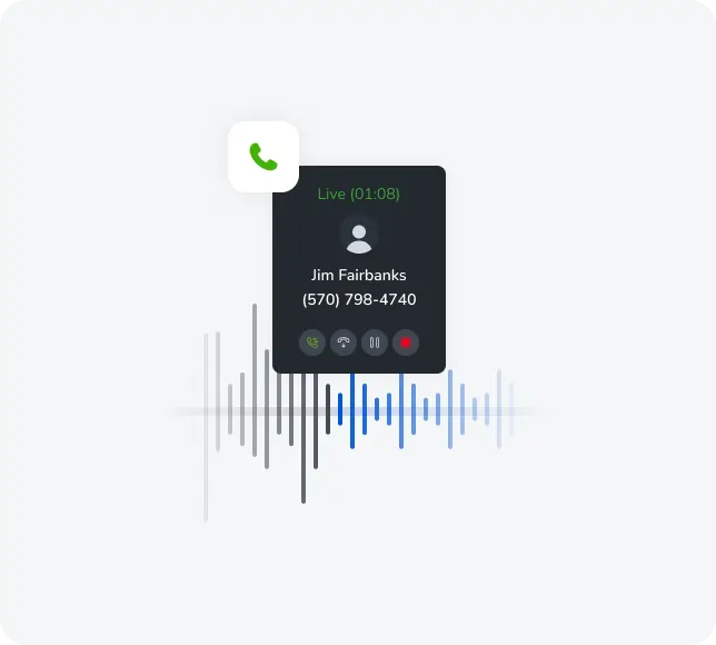 Live call interface displaying call duration, contact name Jim Fairbanks, phone number, and audio waveform, emphasizing Mojo Dialer's efficient call management for real estate agents.