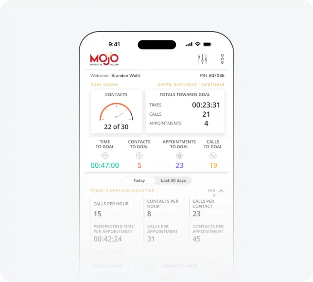 Mojo Dialer mobile app interface displaying call metrics, goals, and analytics for efficient prospecting and lead management.