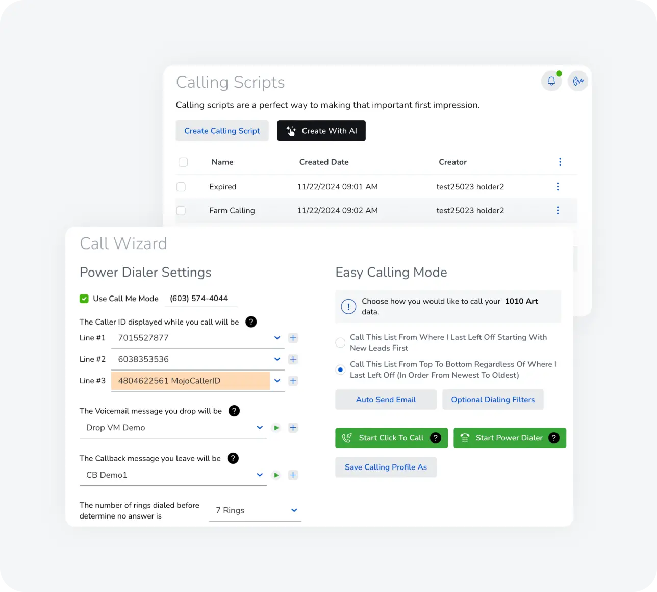 Mojo Dialer interface showcasing Power Dialer settings, including caller ID options, voicemail drop settings, and easy calling mode features for enhanced outbound calling efficiency.