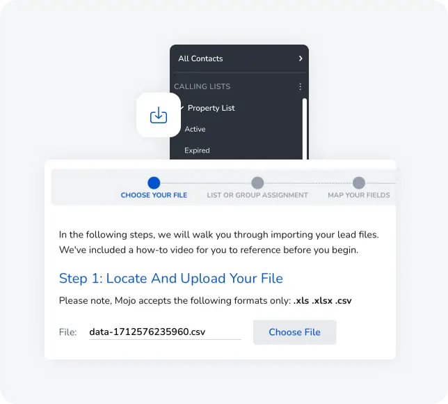 File upload interface for Mojo lead management, featuring options to choose file formats (.xls, .xlsx, .csv) and steps for importing lead data, emphasizing streamlined data integration and organization.