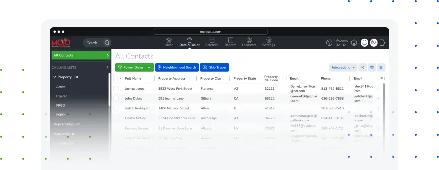 Mojo Lead Services dashboard displaying all contacts and features for real estate lead management, emphasizing accurate data for prospecting.
