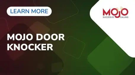 Mojo Door Knocker promotional graphic with "Learn More" text and Mojo logo, emphasizing lead engagement and prospecting solutions in real estate.