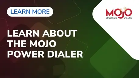 Learn about the Mojo Power Dialer, featuring a call-to-action button and the Mojo branding, emphasizing sales success and lead engagement.